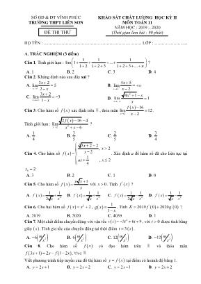 Đề thi thử khảo sát chất lượng học kỳ II môn Toán Lớp 11 - Năm học 2019-2020 - Trường THPT Liễn Sơn